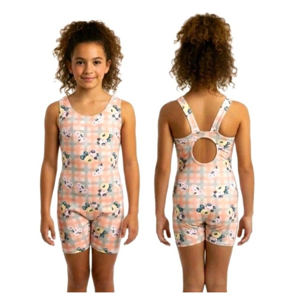 Gilda Marx VTG 90s Kids Cotton Peach Plaid Floral Biketard Singlet Size 12/14